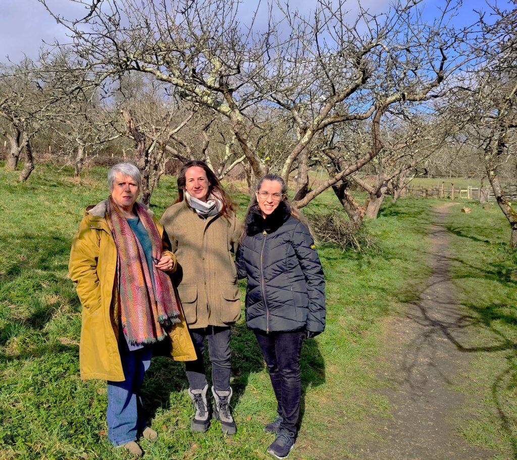 Jan Mulreany of the Brighton Permaculture Trust and Natasha Allden and Katherine Courtney of MULTIPLY, in the orchards at the Stanmer orchard.